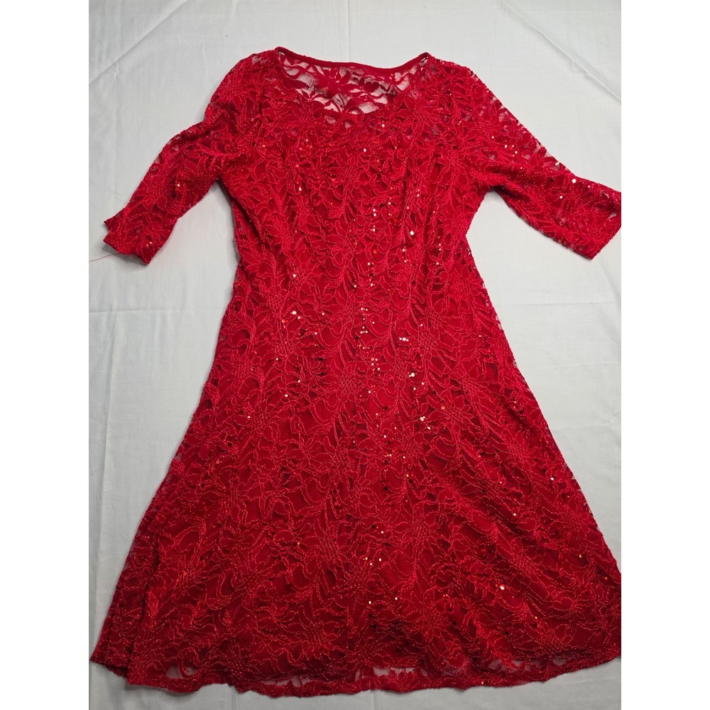 Chris McLaughlin Fit‎ & Flare Dress Women's 12 Red Floral Lace Sequin Cocktail
